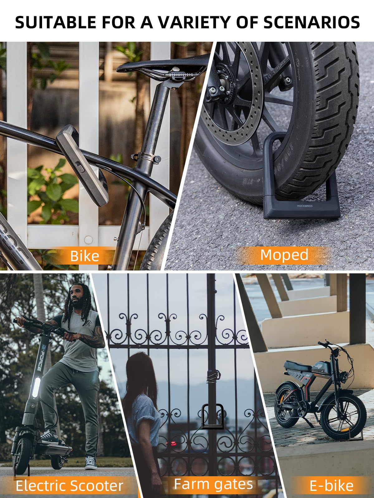 ROCKBROS Bike Lock Set Heavy Duty Bike U Lock with 4 Ft Security Steel Cable