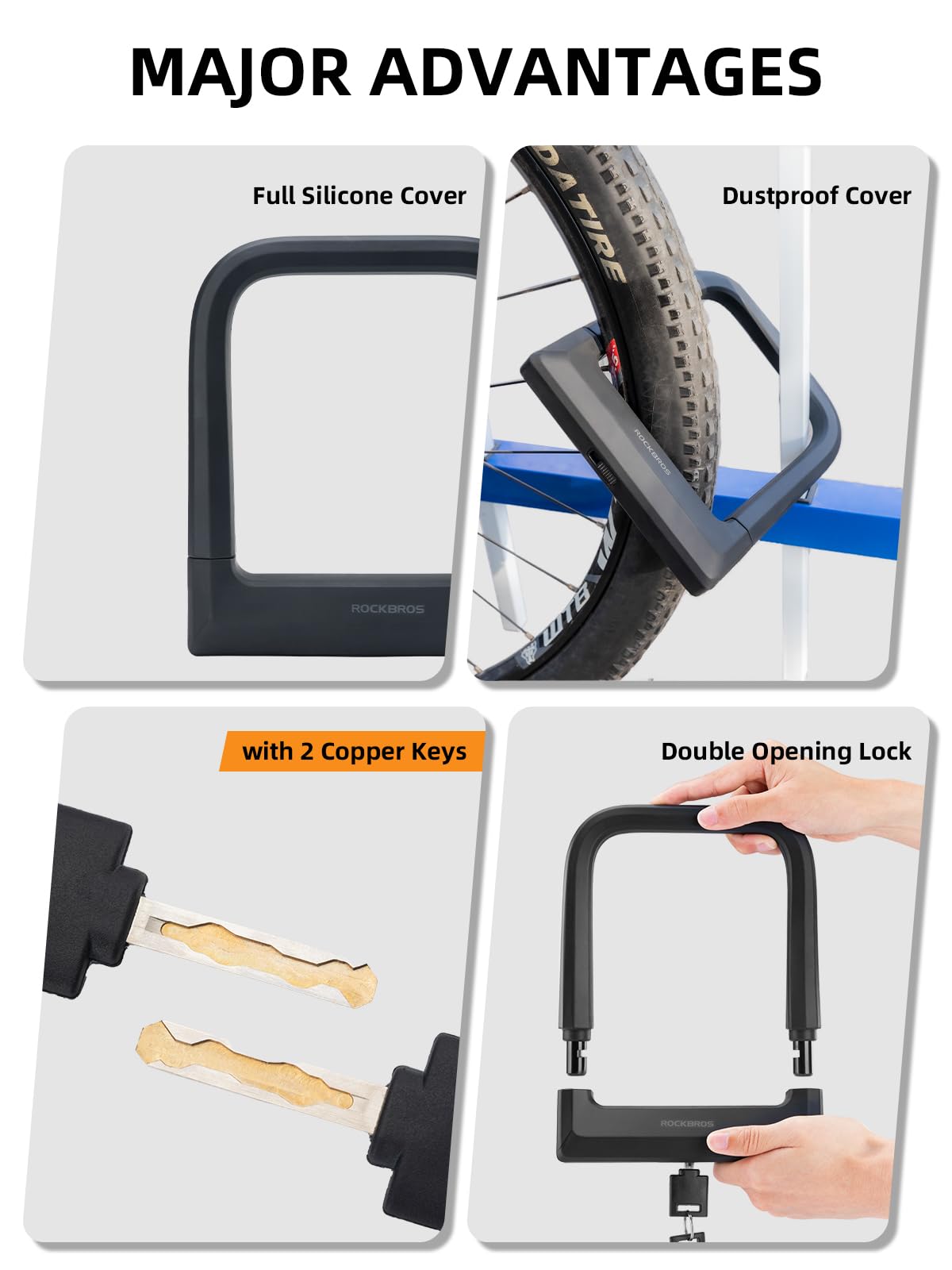 ROCKBROS Bike Lock Set Heavy Duty Bike U Lock with 4 Ft Security Steel Cable