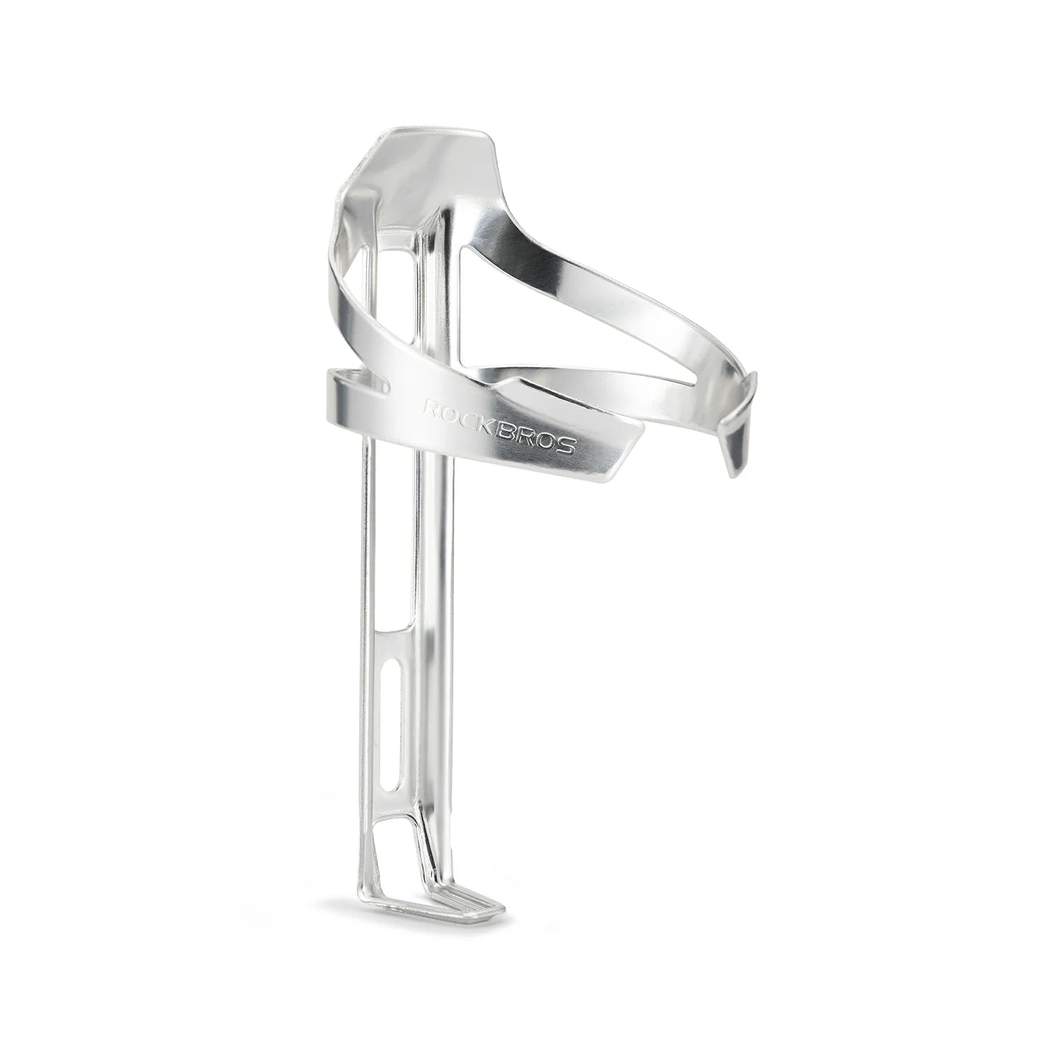 A polished stainless steel bicycle water bottle cage with the brand name 'ROCKBROS' debossed on the front band, shown against a solid white background. #Color_Silver