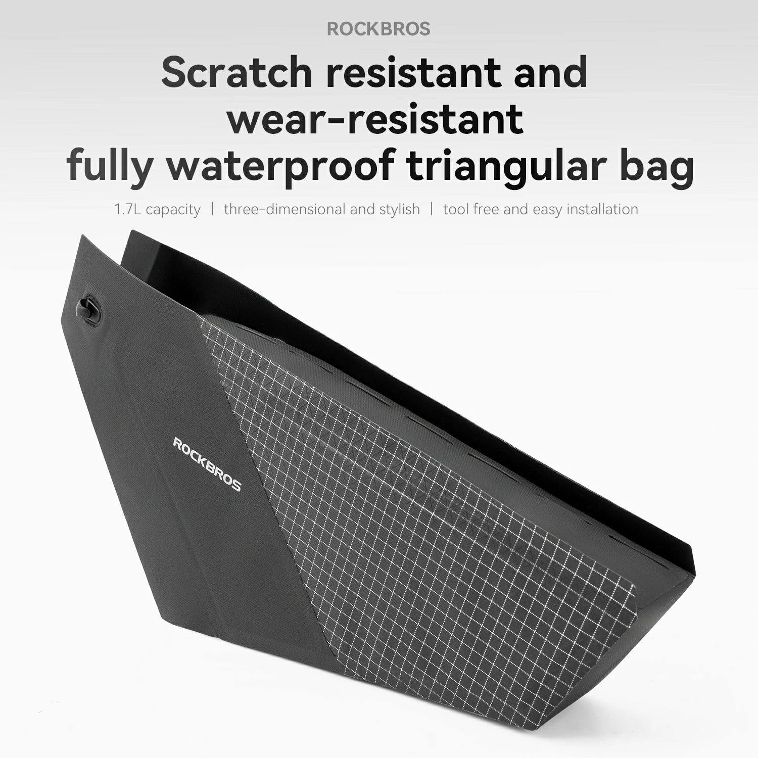 Black triangular bag with grid pattern on a white background, featuring text about its features.