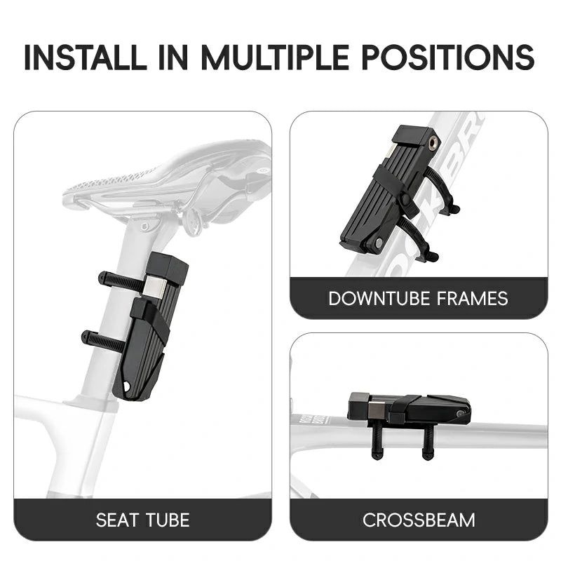 Bicycle lock mount installation guide showing seat tube, downtube frames, and crossbeam positions.