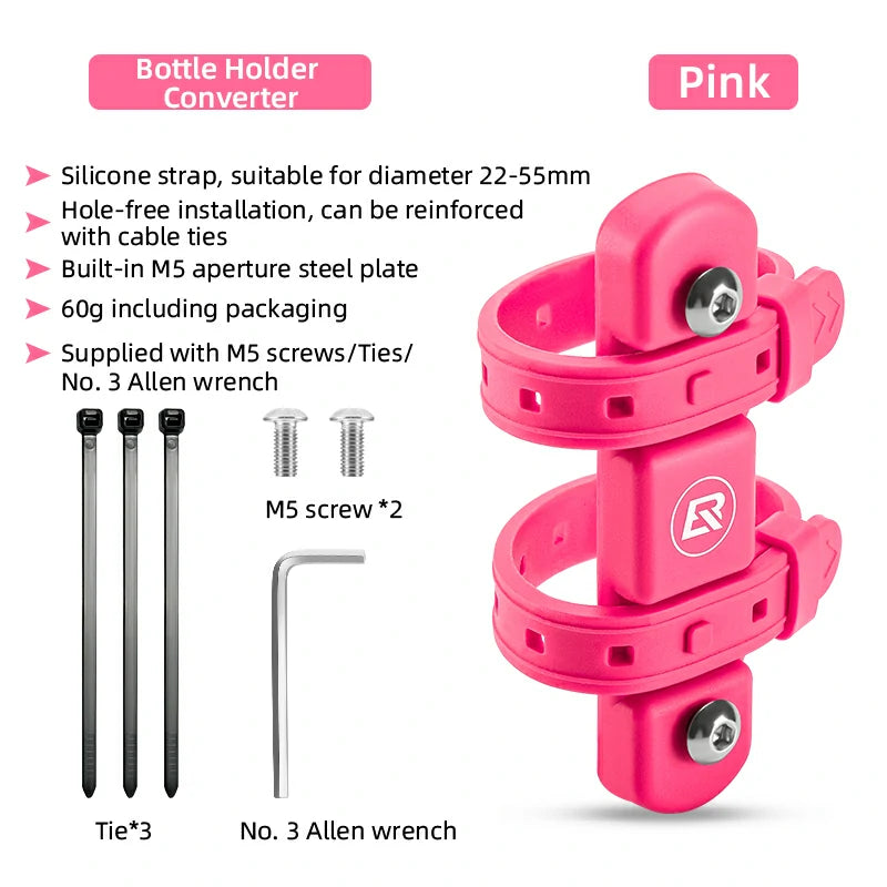 Red bottle holder converter with features listed on a white background #Color_Pink