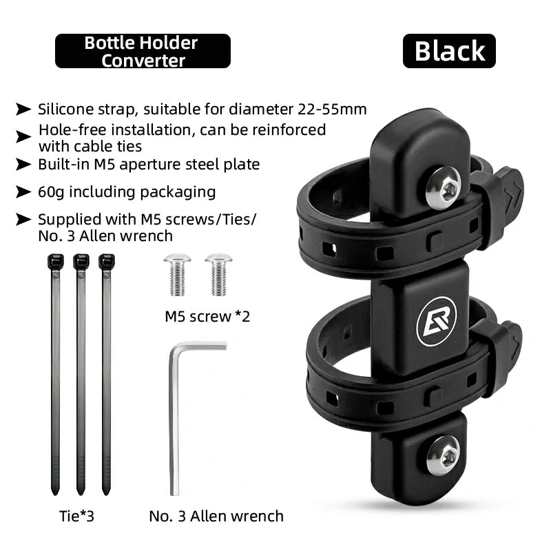 Black bottle holder converter with installation details on a white background #Color_Black