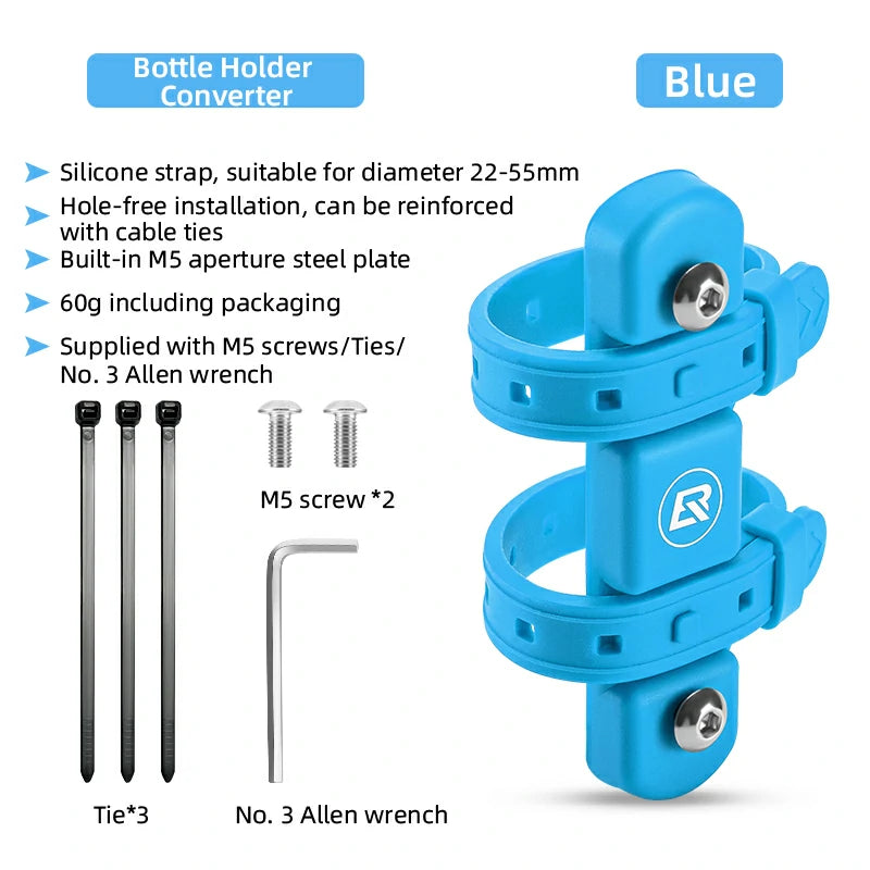 Blue bottle holder converter with features listed on a white background #Color_Blue