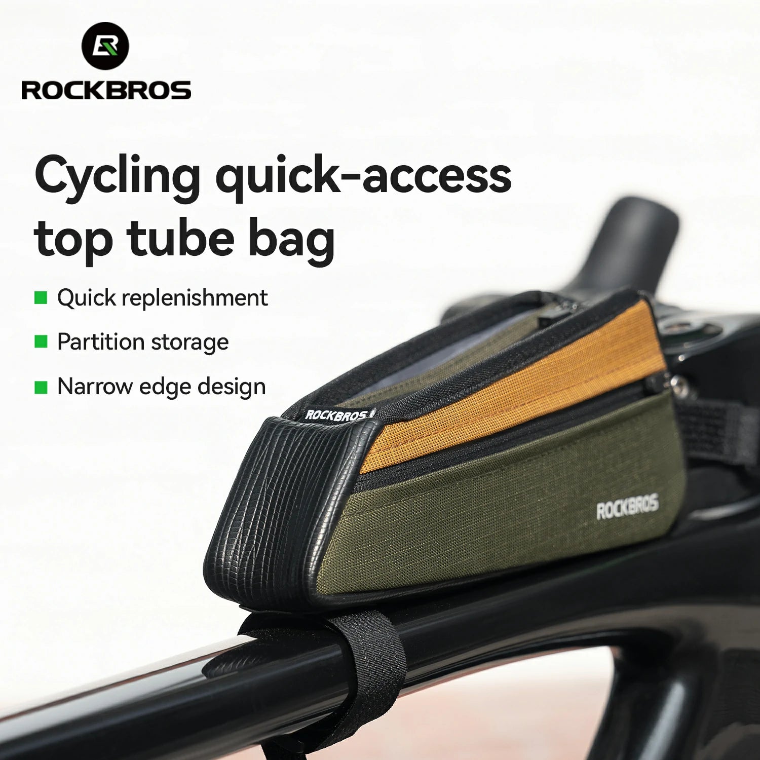 A ROCKBROS cycling quick-access top tube bag mounted on a bicycle frame. The bag has a black and olive green body with a tan side panel and black straps, shown against a clean white background with product feature text and the ROCKBROS logo.