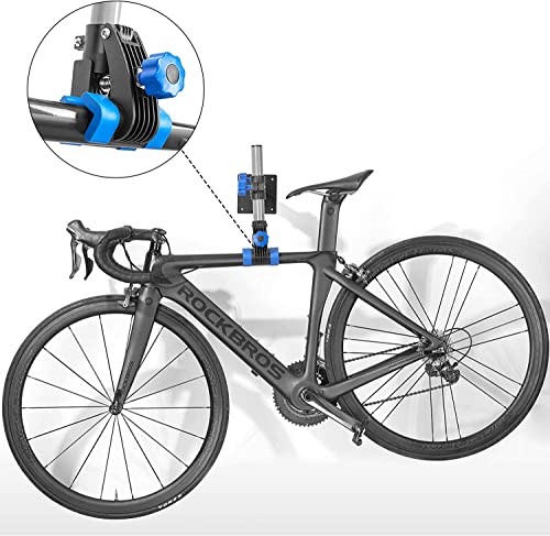 Bicycle mounted on a wall rack with close-up detail, featuring the brand 'RockBros'.