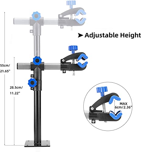 Adjustable height stand with clamps and measurements on a white background