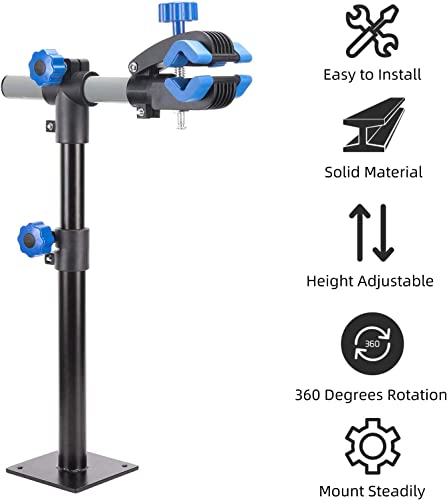 Height adjustable stand with clamps on a white background, featuring text about its features.