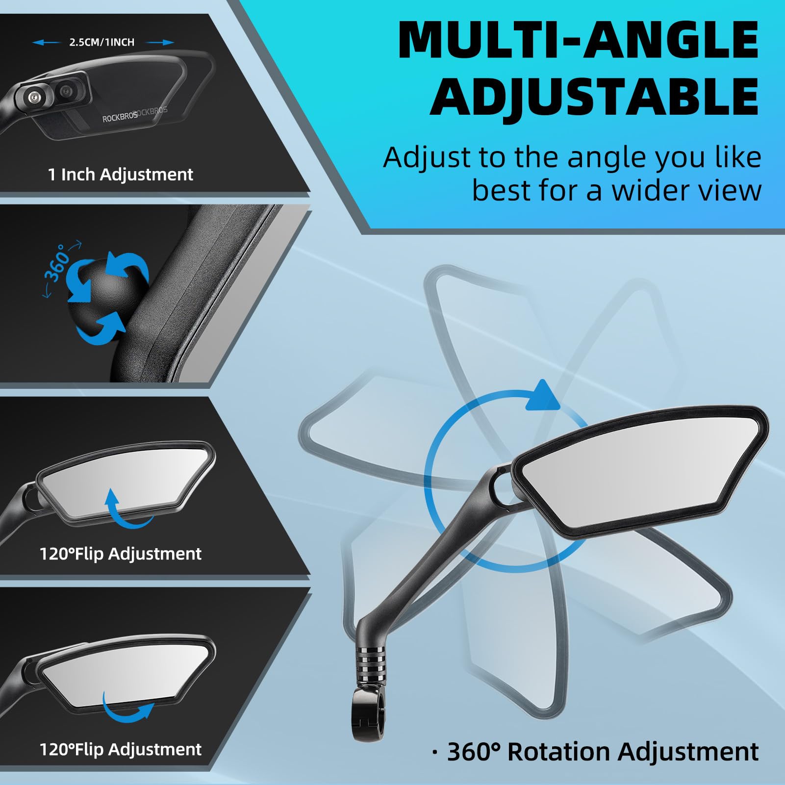 ROCKBROS HD Blast-Resistant Bike Mirror Adjustable Handlebar Mount 21-26mm - ROCKBROS