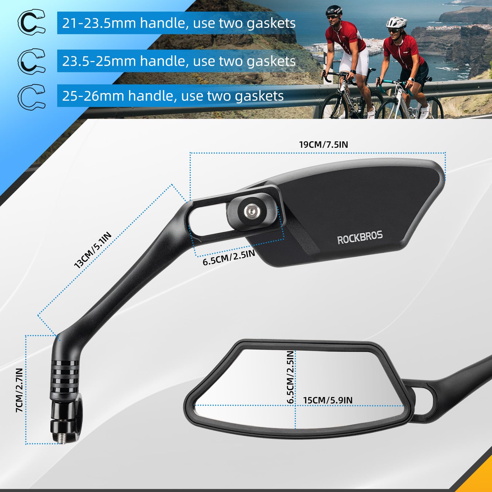 ROCKBROS HD Blast-Resistant Bike Mirror Adjustable Handlebar Mount 21-26mm - ROCKBROS