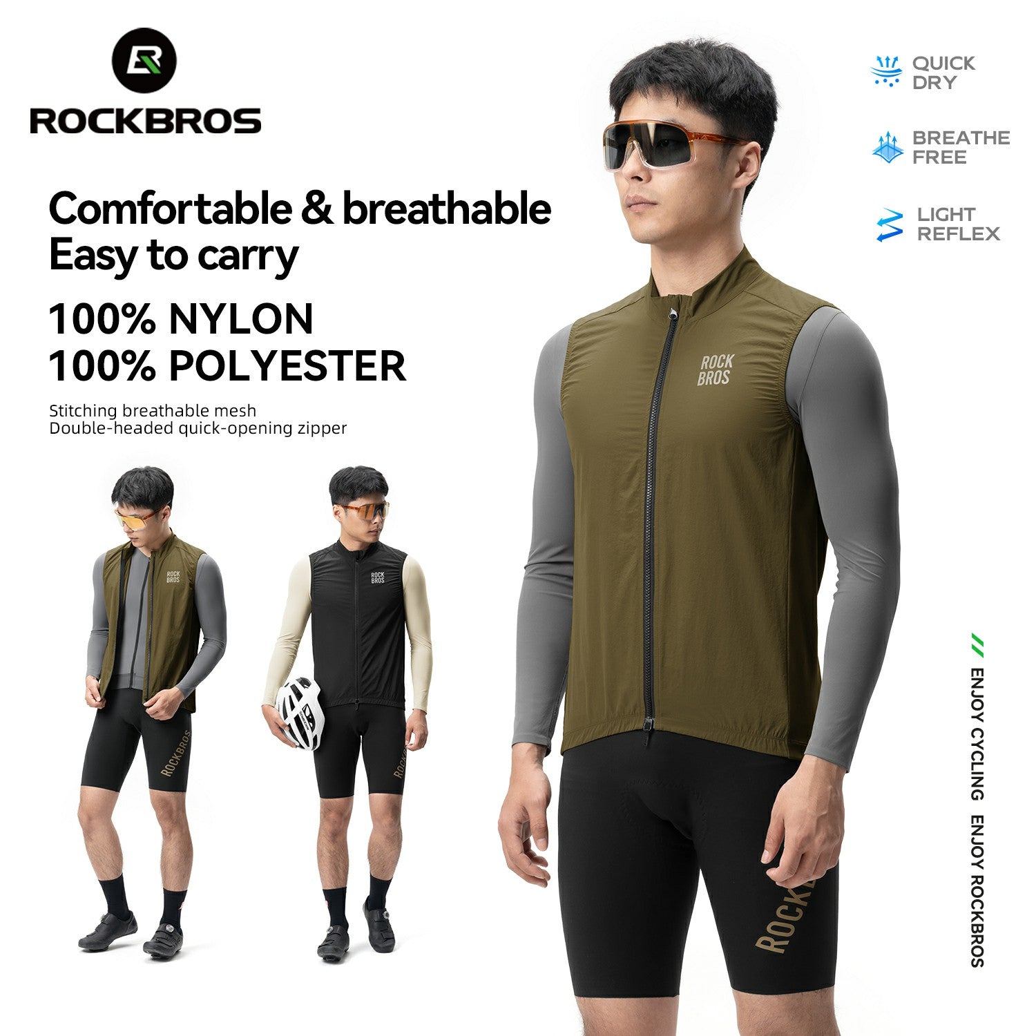 Man wearing a green cycling vest with RockBros branding, featuring text about product features.