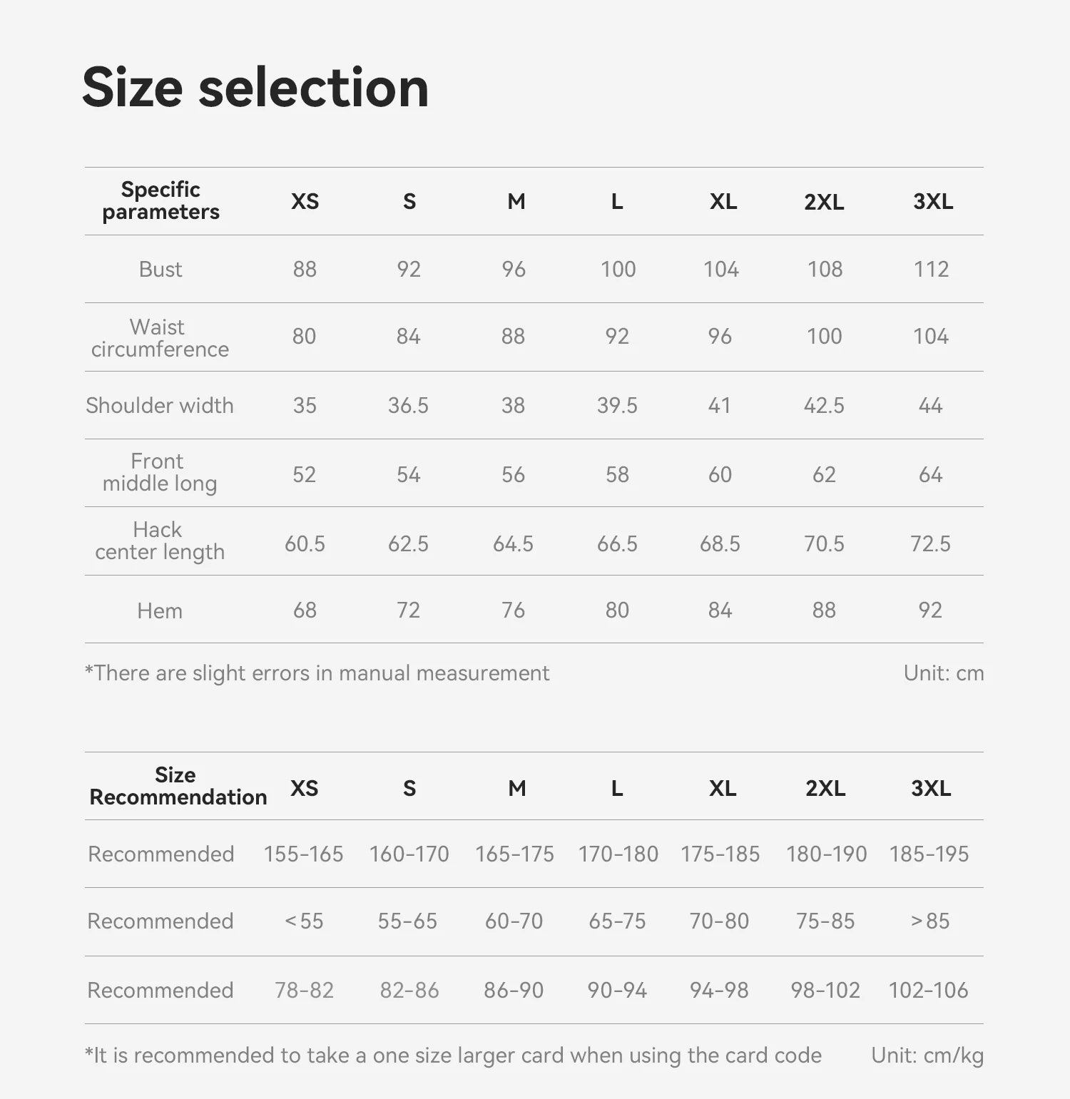 Size selection chart for clothing with measurements in centimeters and recommended sizes.