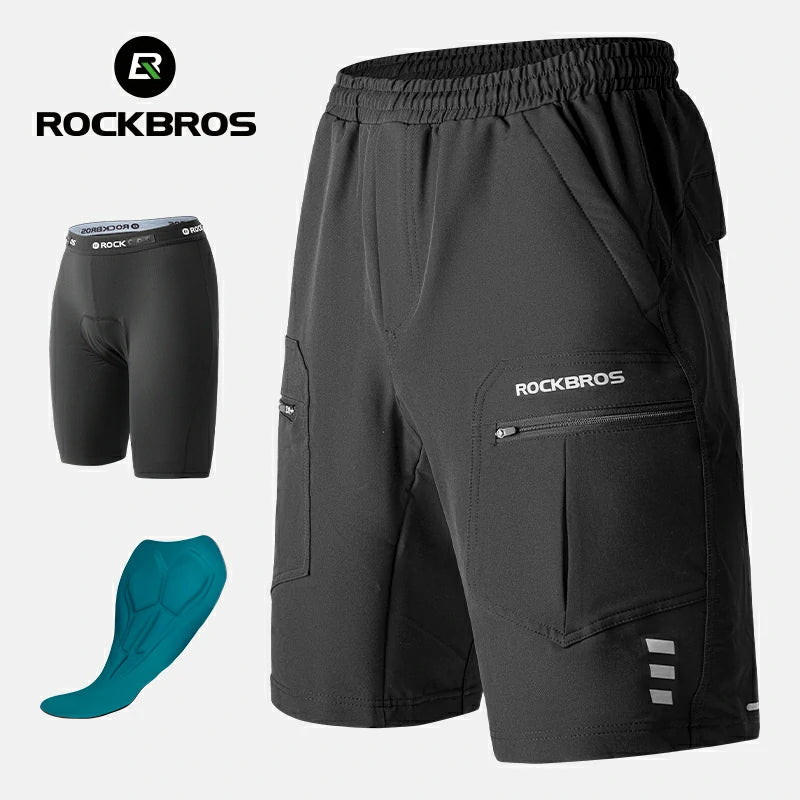 Black athletic shorts with multiple pockets and a small logo, featuring the brand 'RockBros'.