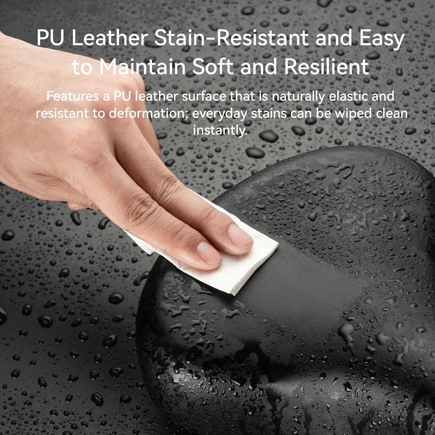 Hand cleaning a black surface with a cloth, text about PU leather stain-resistance.