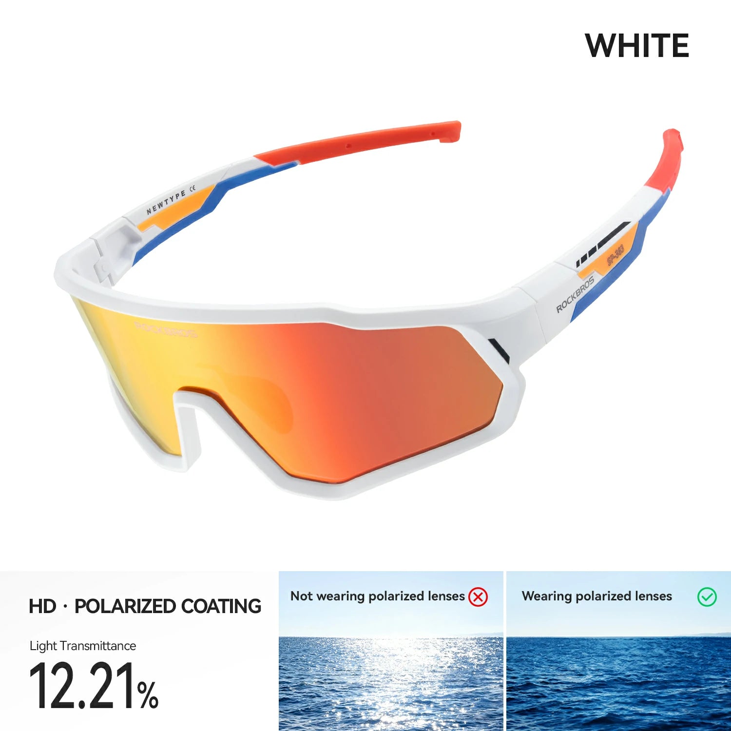 Sunglasses with white frame and orange lenses on a white background #color_White / Polarized Red