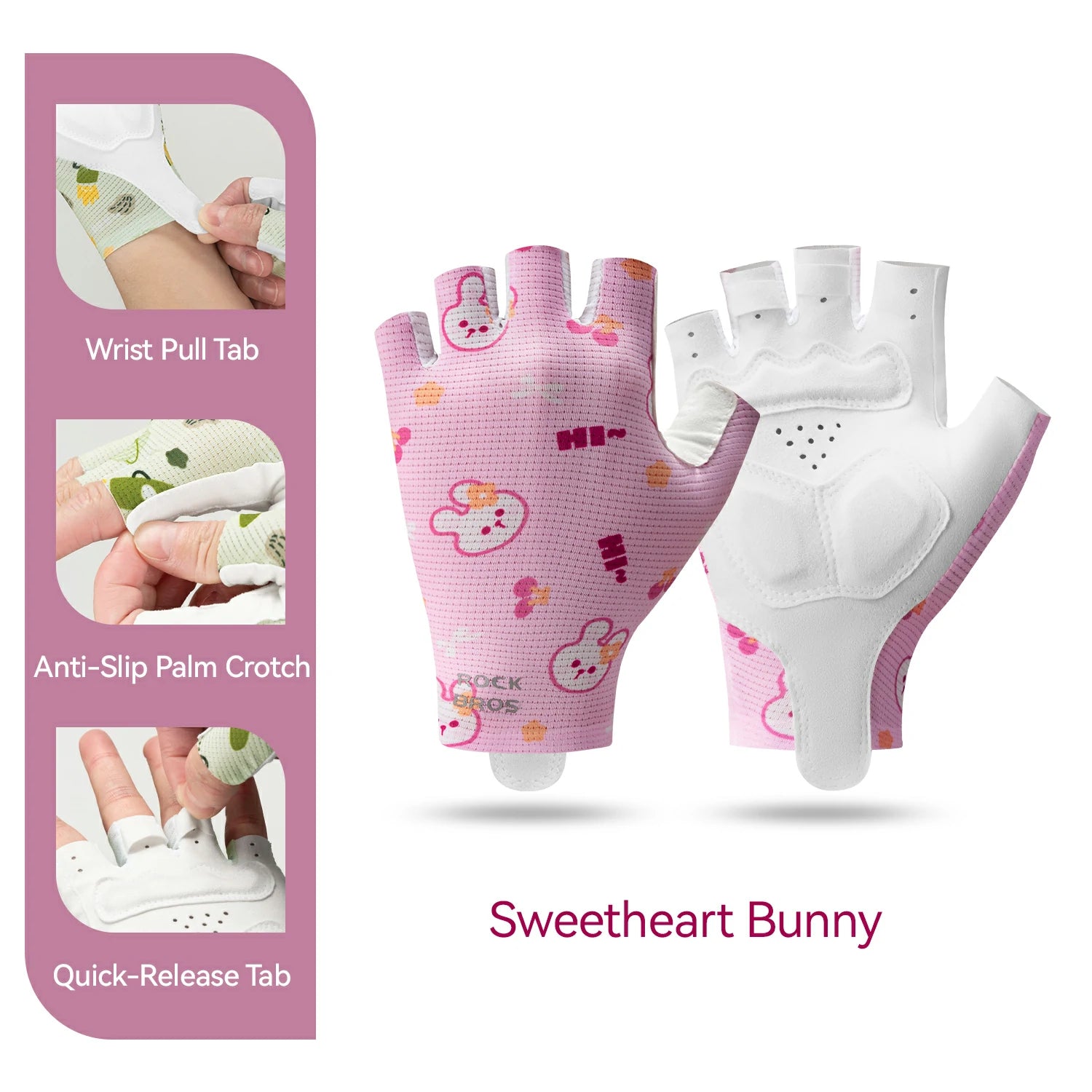 Pink and white gloves with 'Sweetheart Bunny' design on a pink packaging background. #Color_Red