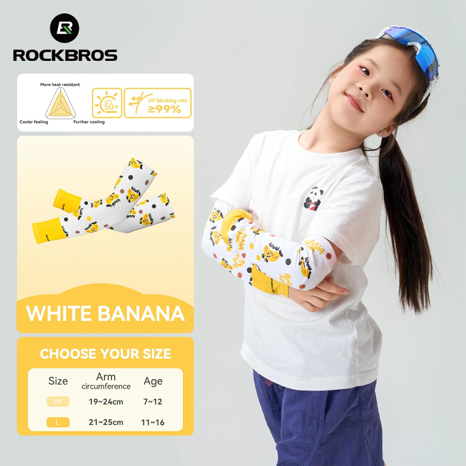Child wearing white banana-themed elbow pads with product packaging and RockBros branding. #Color_Yellow