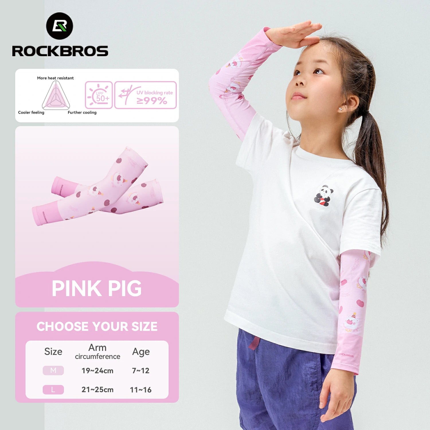 Child wearing a white shirt with pink long-sleeve undershirt, standing next to a product card for 'Pink Pig' undershirts by RockBros. #Color_Pink
