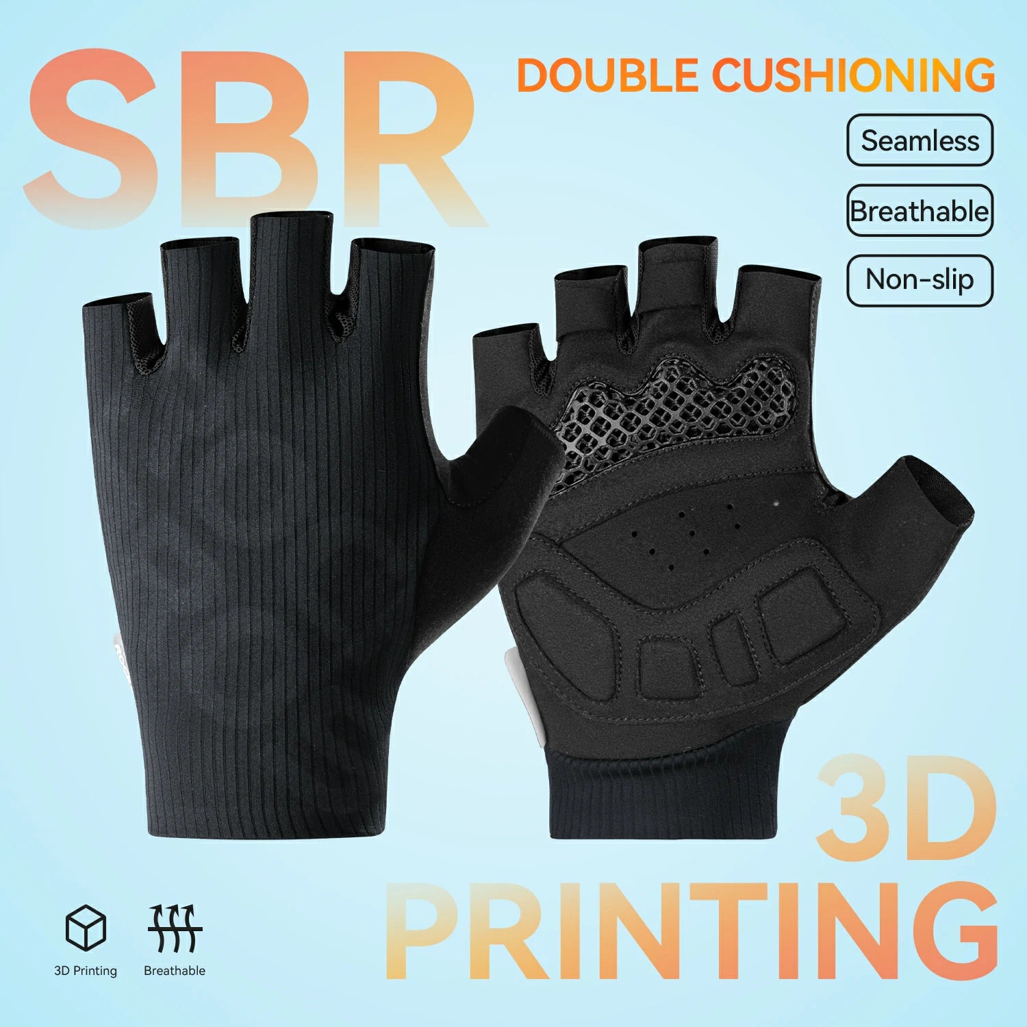 Black gloves with half-finger design on a light blue background, featuring text about SBR double cushioning and 3D printing.