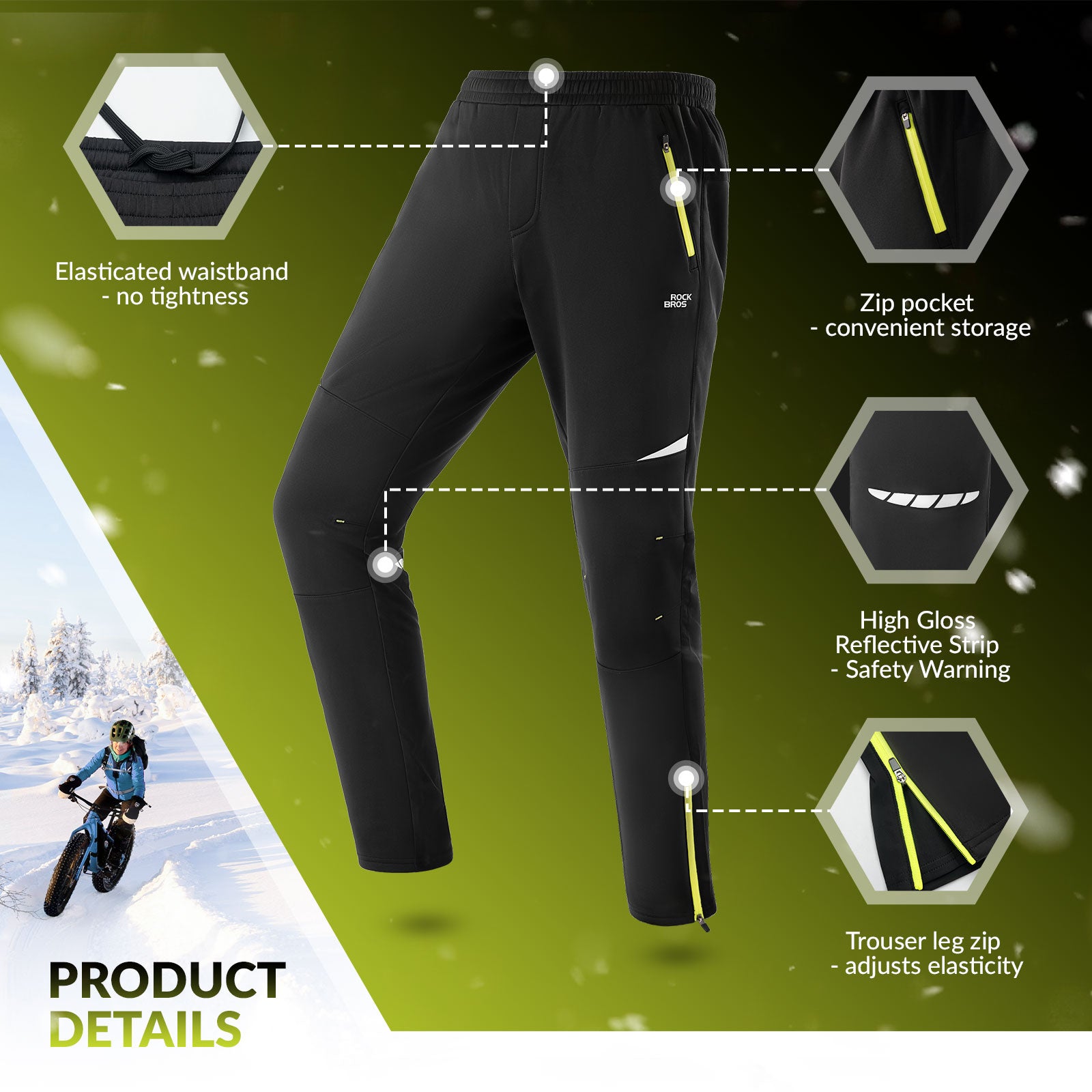 Black pants with product details on a green background