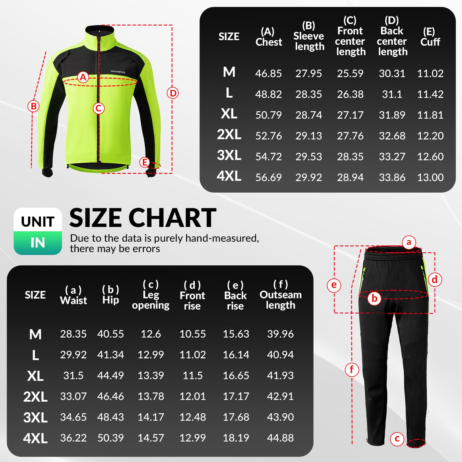 Size chart for a jacket and pants with measurements in inches.