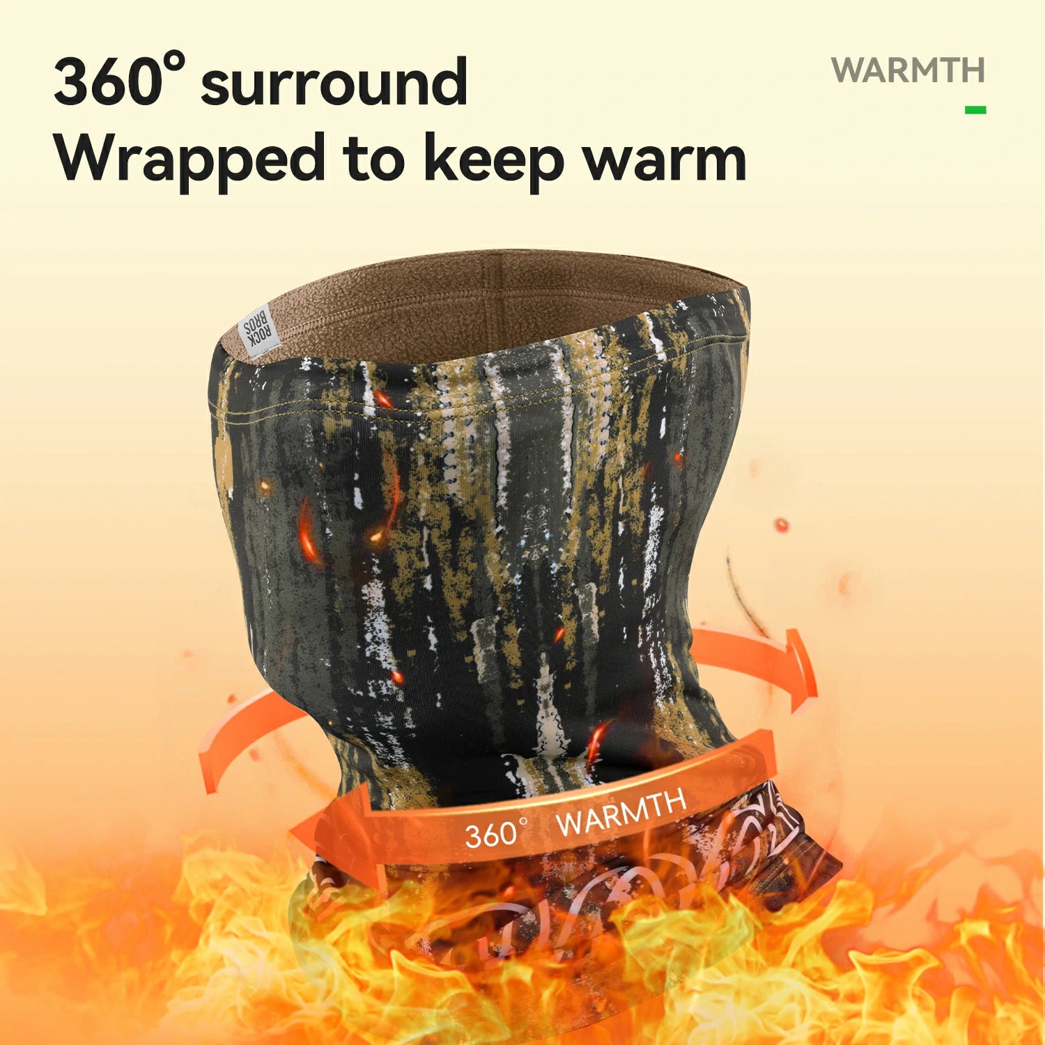 Product with '360° warmth' text surrounded by flames on a beige background