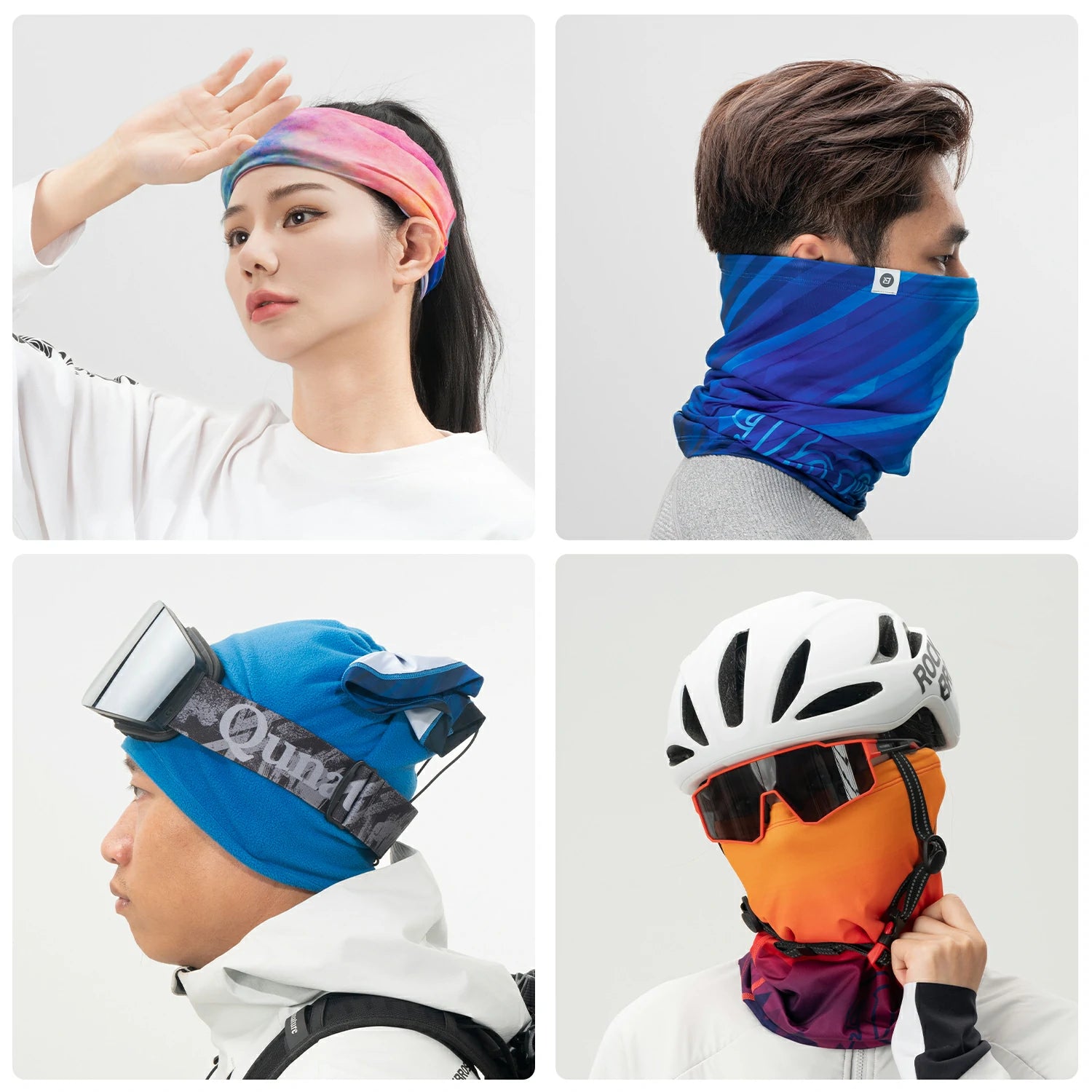 Four people wearing different colorful headbands and face coverings on a white background