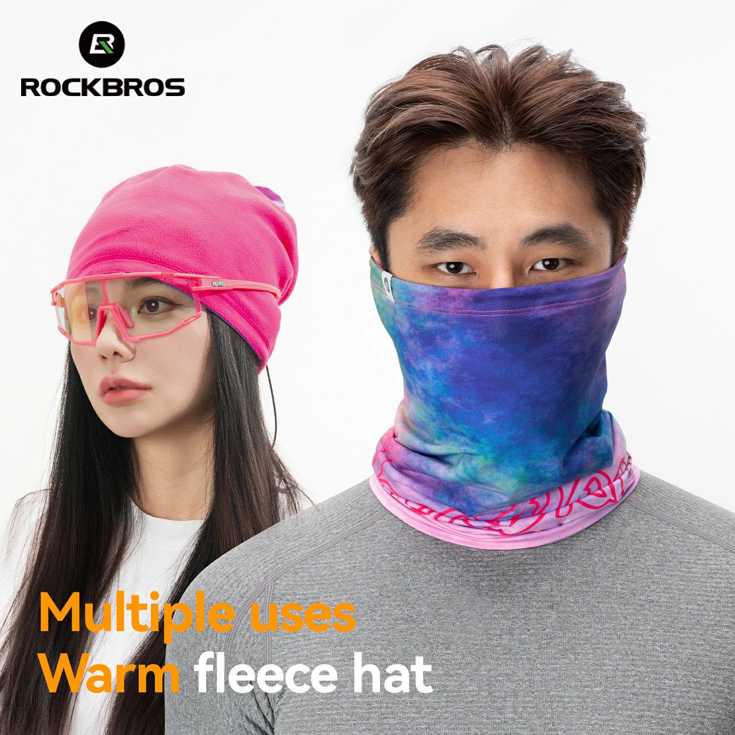 Two people wearing colorful head coverings with 'RockBros' branding and text about multiple uses.