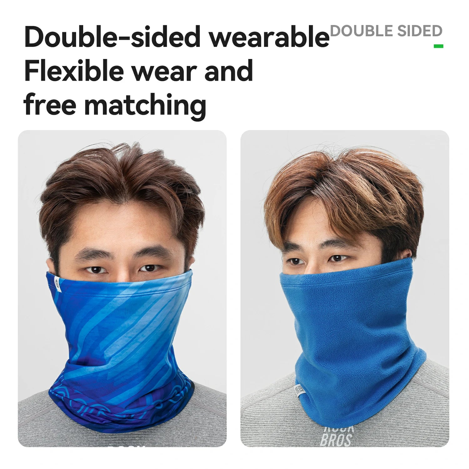 Blue neck gaiter worn by a person on a gray background with text about double-sided wearability.