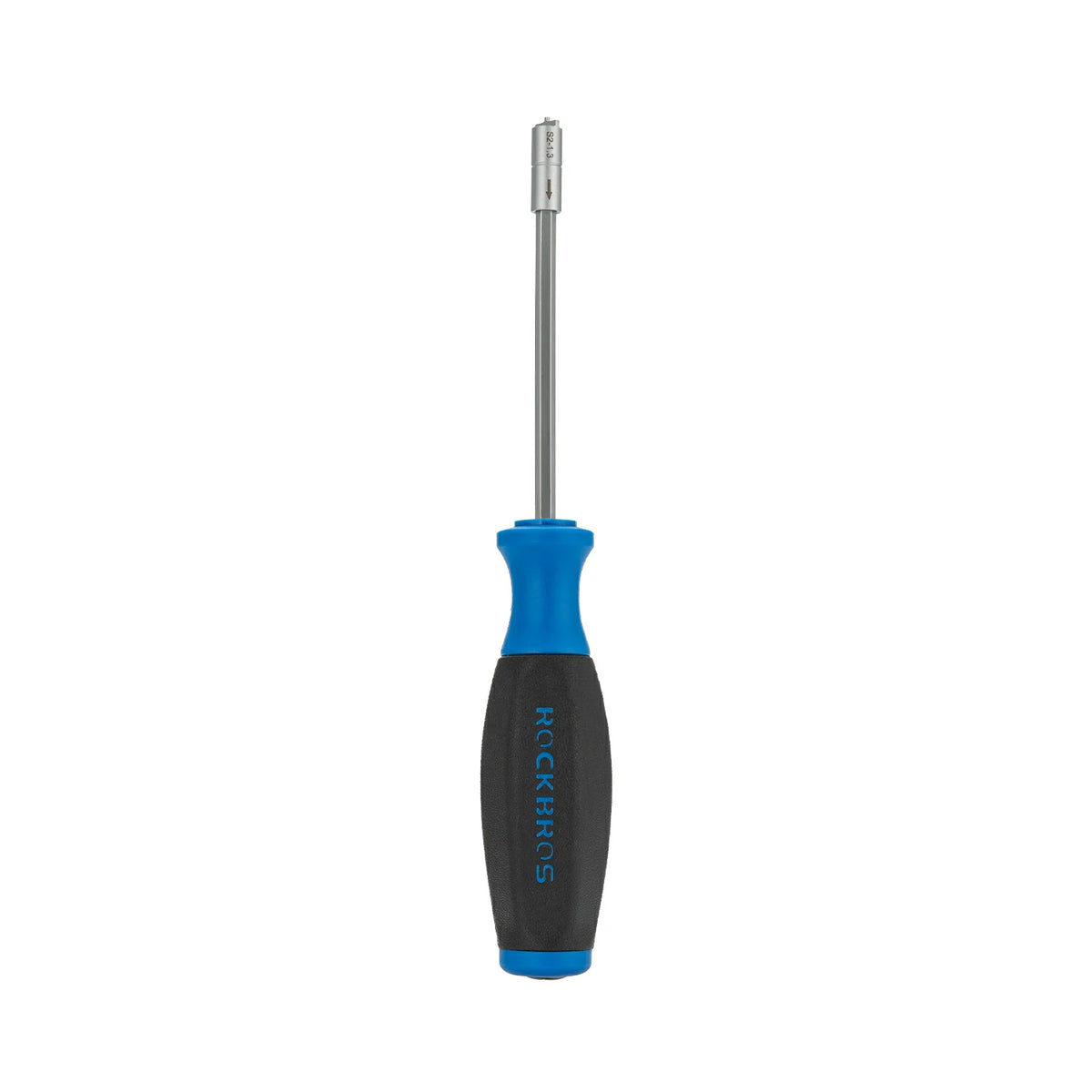 A precision screwdriver with a silver metal shaft and a dual-color handle featuring a textured black grip and a blue accent section. The brand name 'MCKINNEY' is printed vertically in blue on the black handle. #Size_Spoke Wrench