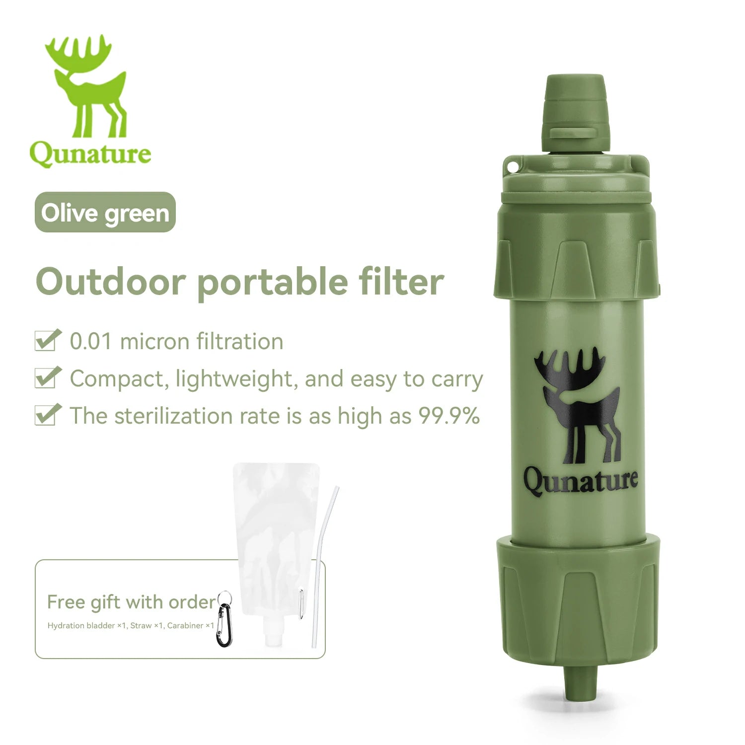 An olive green outdoor portable water filter bottle by Qunature, shown on a white background with product text, a small filter kit accessory, and a free gift offer. #Color_Green