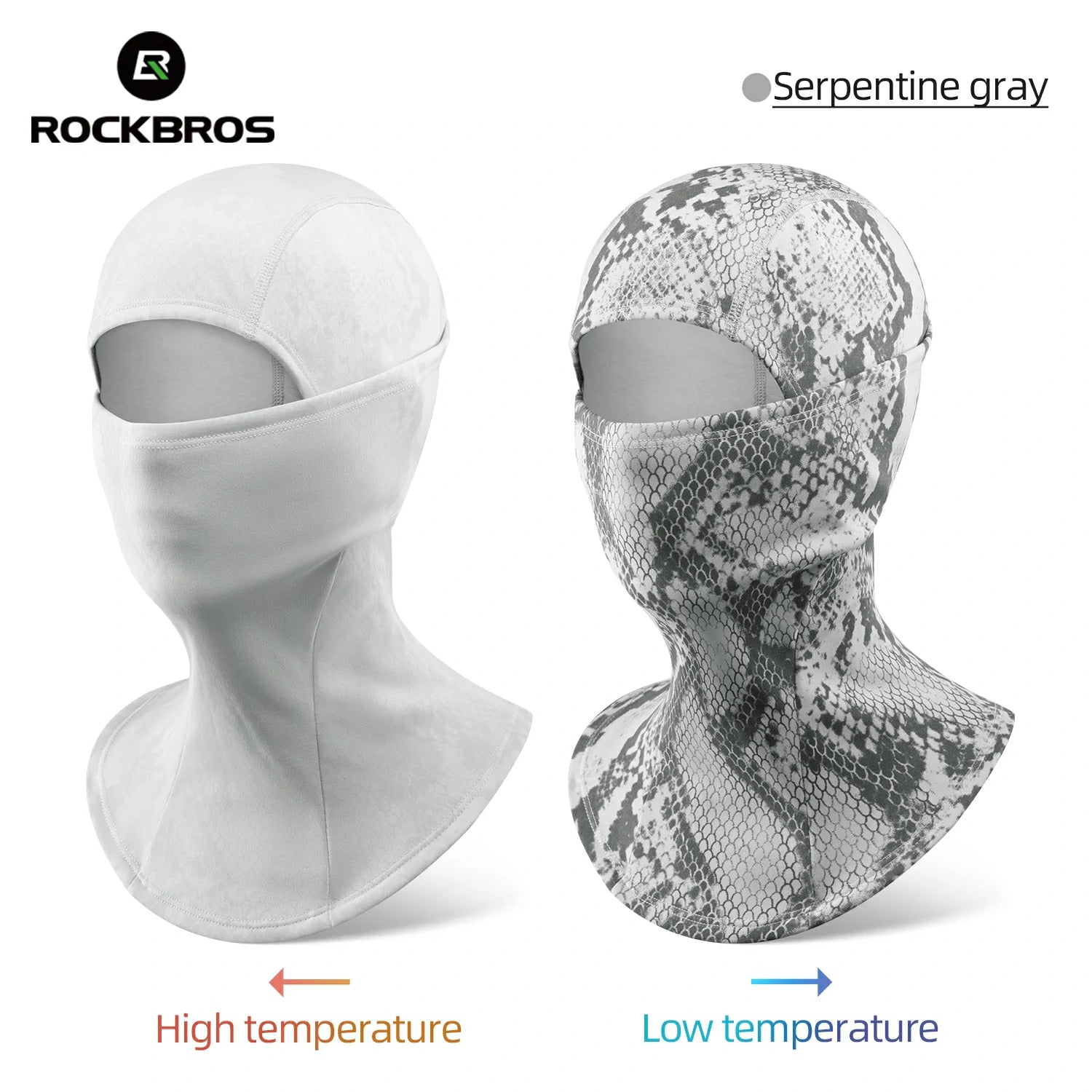 Two balaclavas, one white and one with a serpentine gray pattern, on a white background with RockBros branding. #color_Serpentine gray
