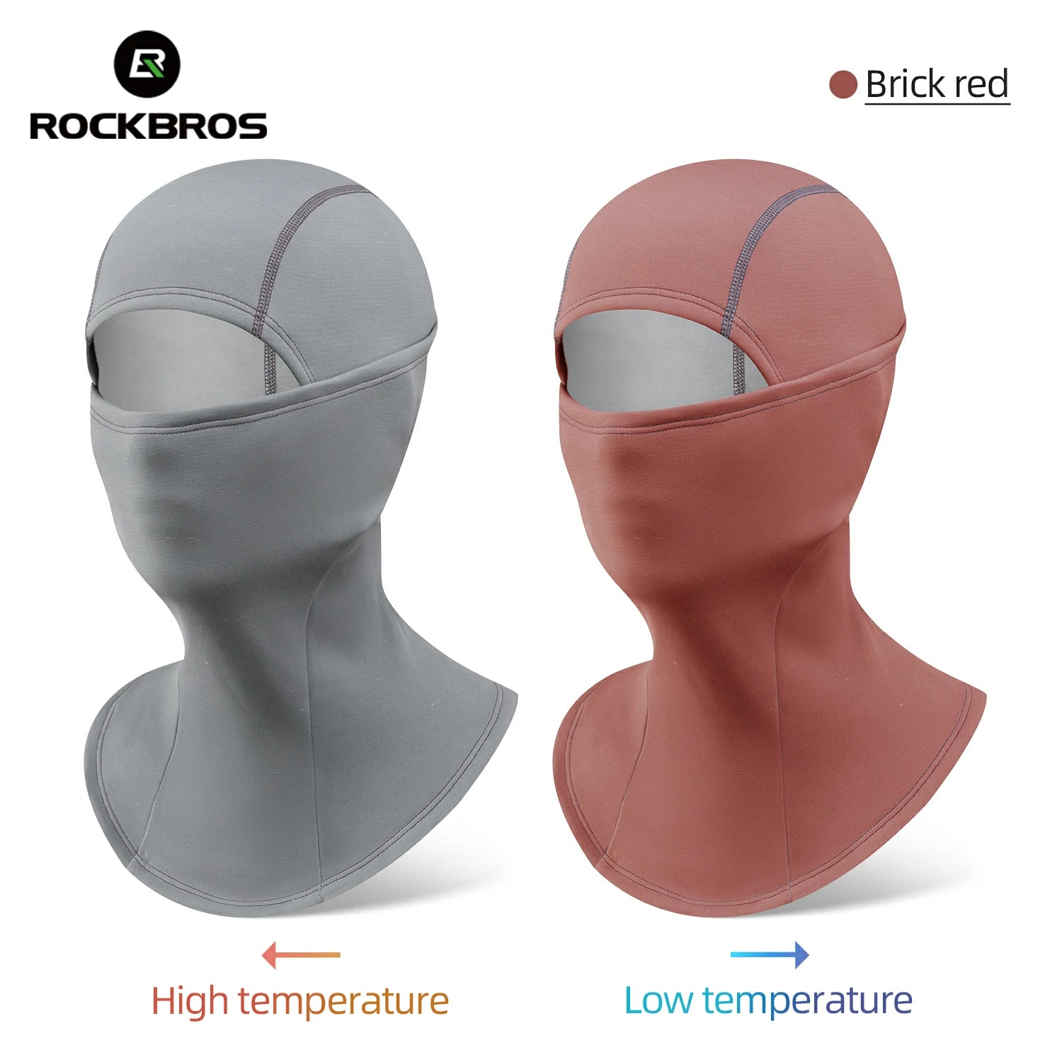 Two balaclavas, one gray and one brick red, on mannequin heads with temperature labels.#color_Brick red