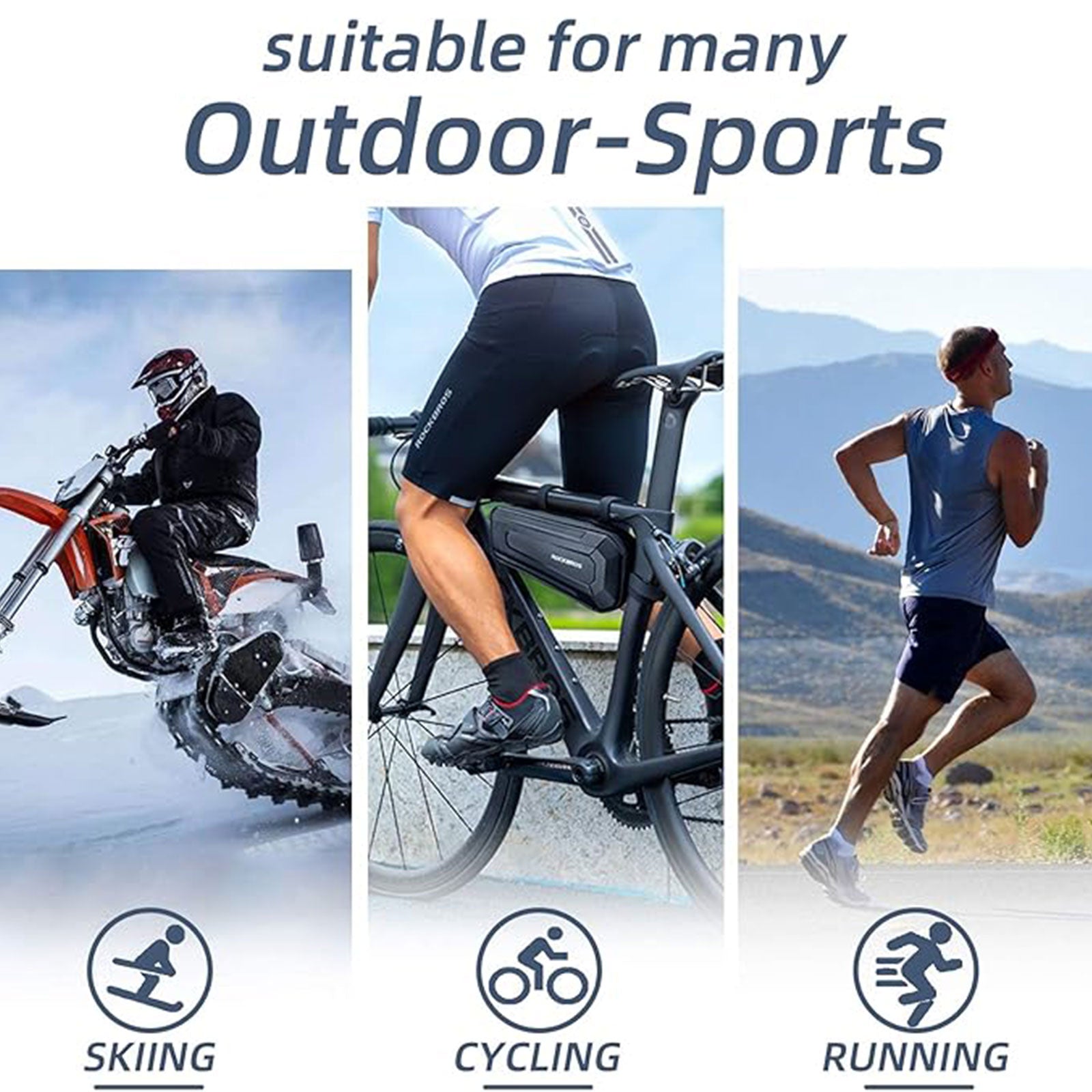 Three people engaging in outdoor sports with text 'suitable for many Outdoor-Sports' and icons for skiing, cycling, and running.