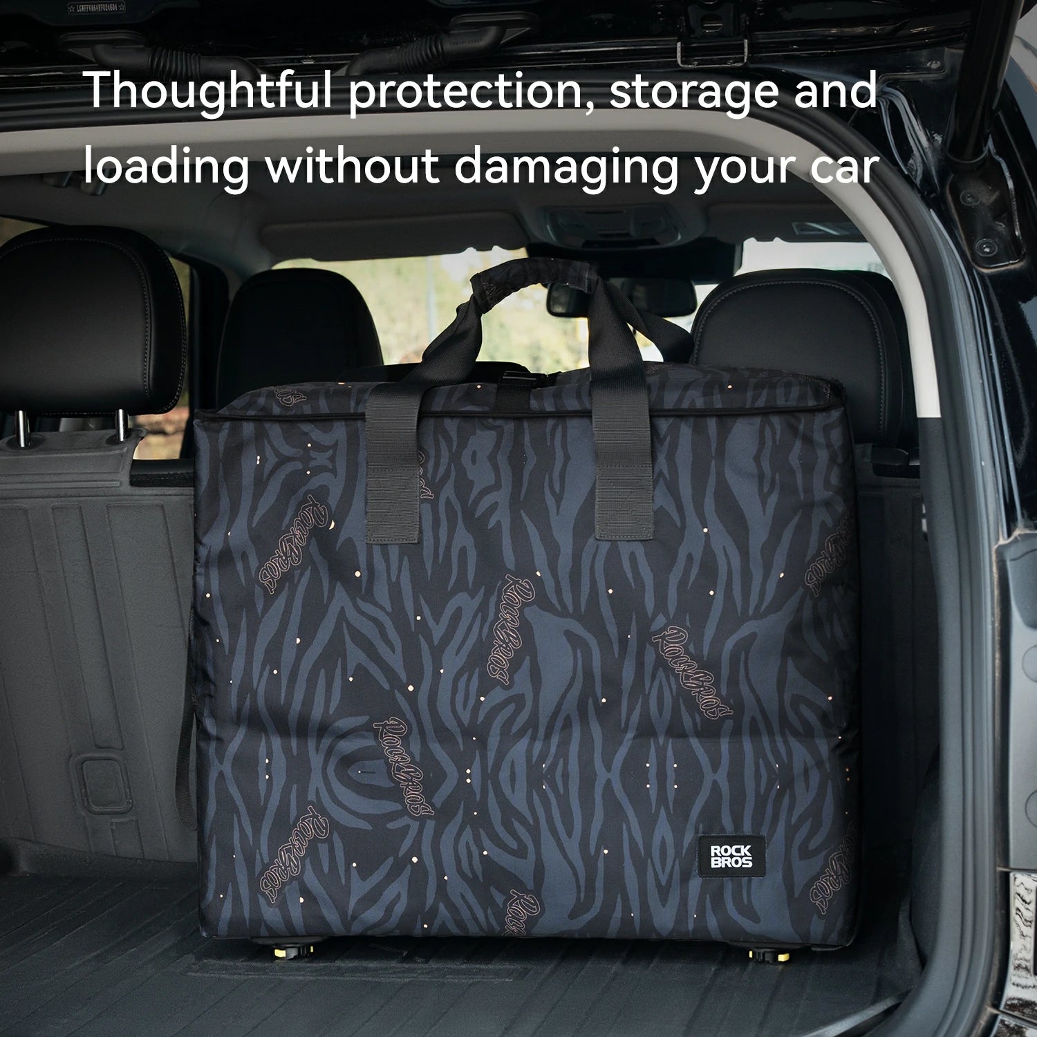 Car trunk with a patterned bag for storage and loading, text about protection and damage prevention.