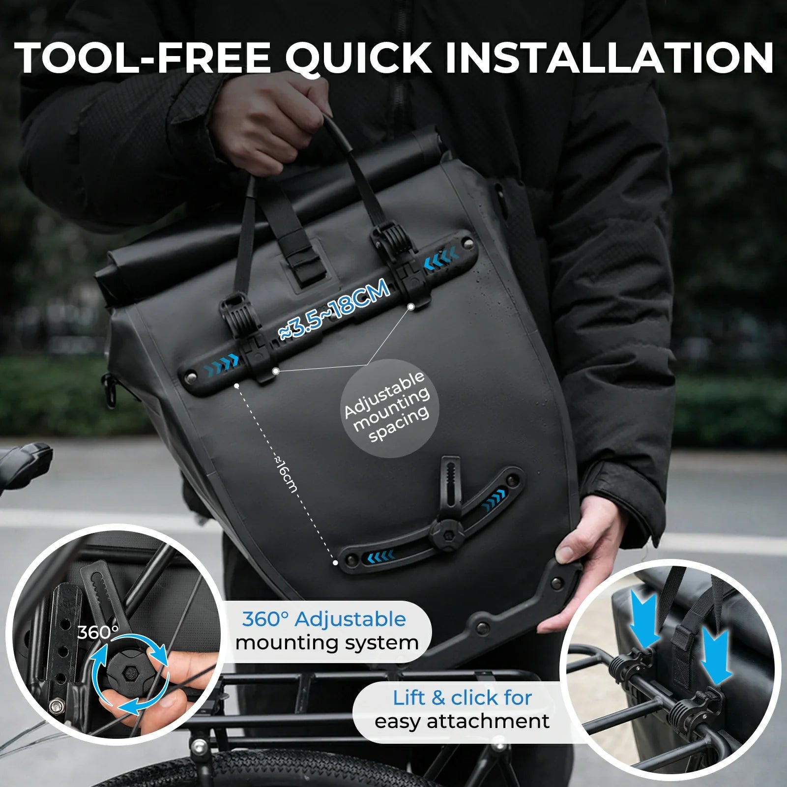 Fully waterproof bike pannier bag 20L in black#Color_black