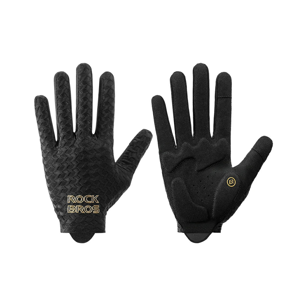 A pair of black RockBros cycling gloves shown against a plain white background, displaying both the textured back of one glove and the smoother palm of the other. #Color_Black