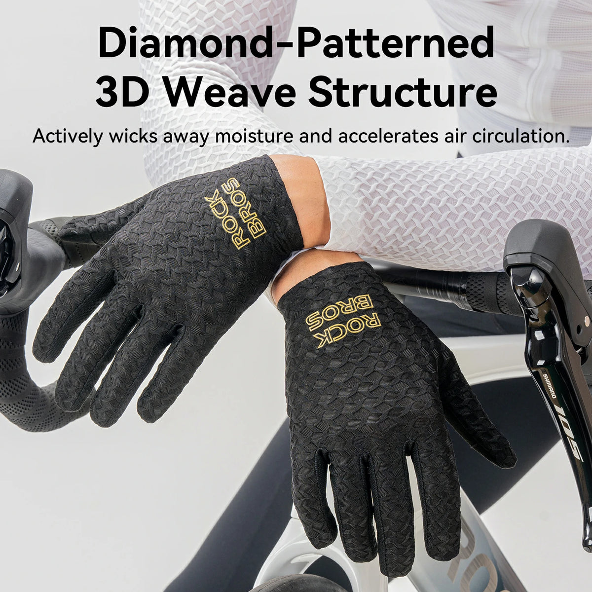 Black cycling gloves with a diamond-patterned 3D weave and gold 'ROCK BROS' branding, worn on a cyclist's hands while gripping a bicycle handlebar. Text overlays describe the product's moisture-wicking and air circulation properties.