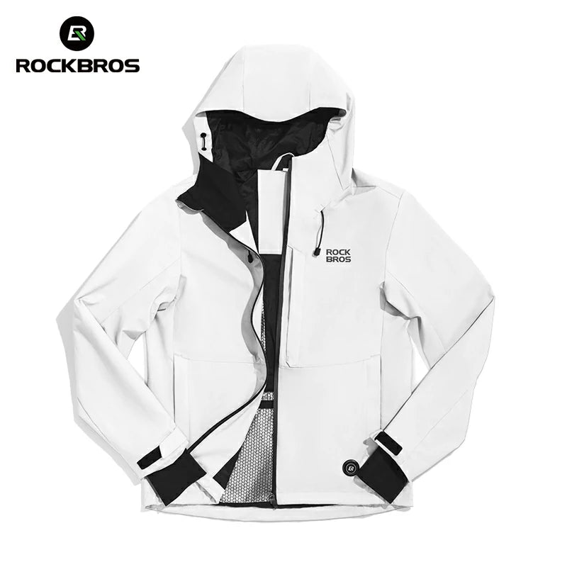 White jacket with black accents on a white background, featuring the RockBros brand. #Color_white