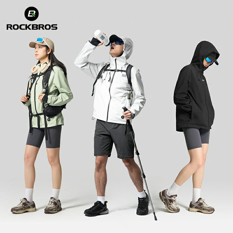 Three people wearing different jackets and backpacks with 'RockBros' branding on a light gray background.