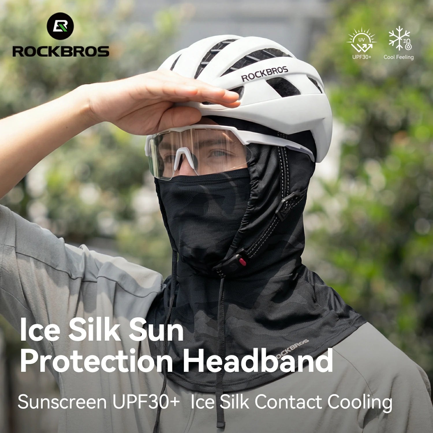 Person wearing a ROCKBROS helmet and black ice silk sun protection headband with text about features.