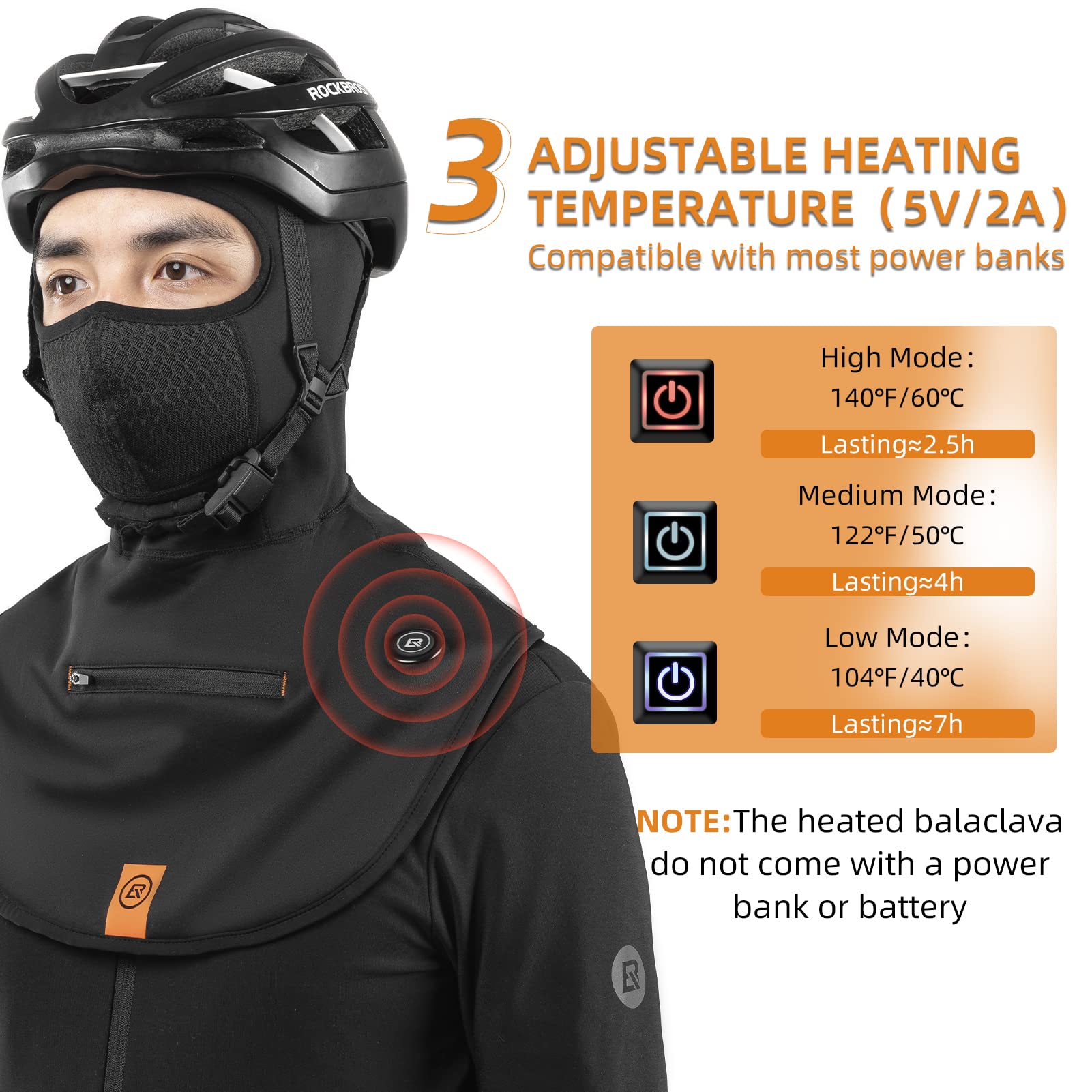 Pasamontañas ROCKBROS térmico de esquí para clima frío, máscara facial USB recargable de invierno sin batería