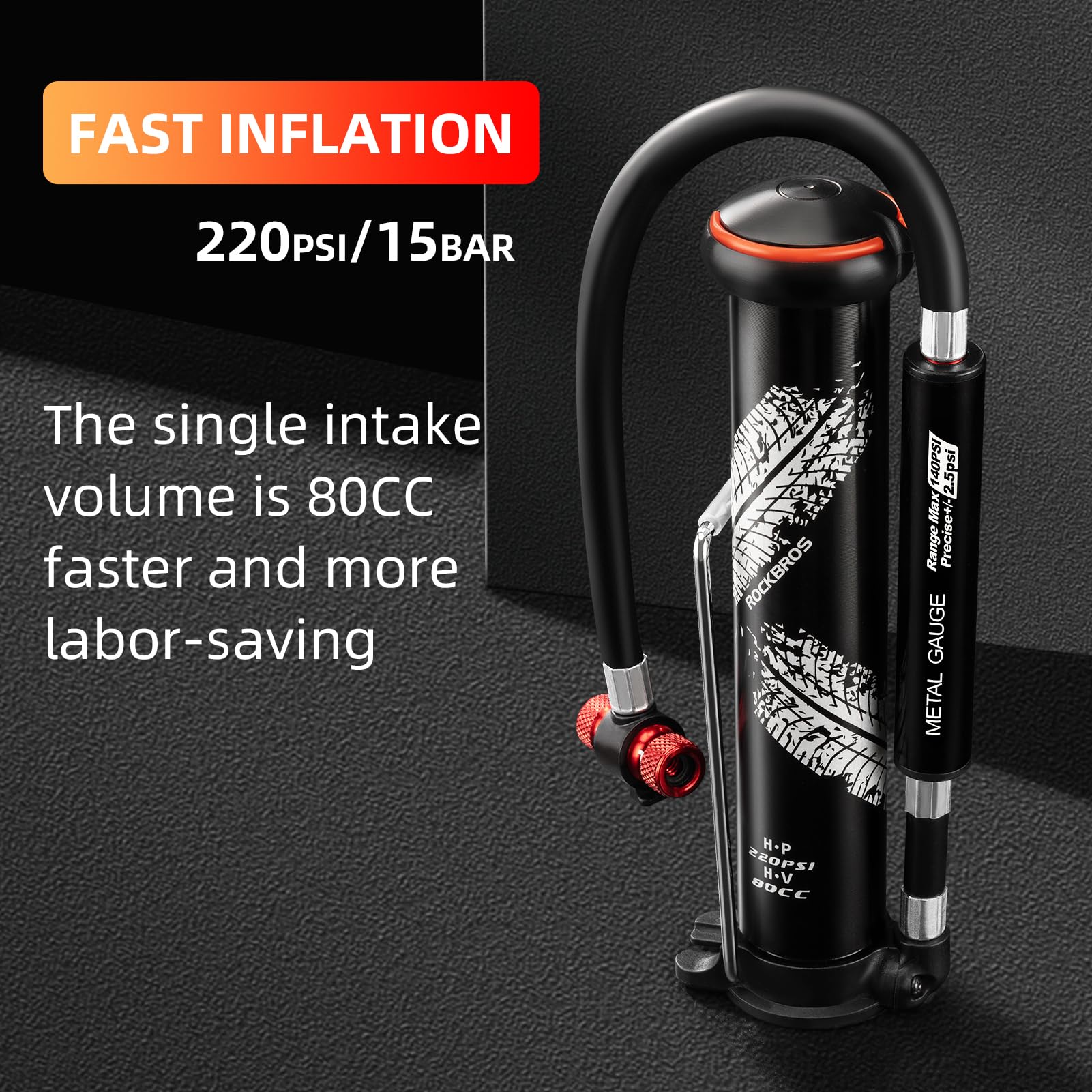 ROCKBROS Mini Bike Tire Pump Portable with Hidden Pressure Gauge Fits Valves 220PSI - ROCKBROS