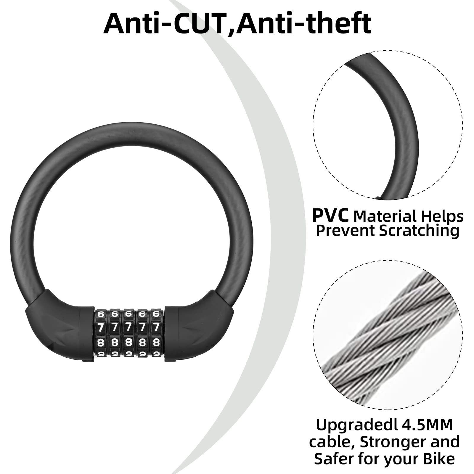 ROCKBROS 5-Digit Combination Bike Lock Lightweight Anti-Theft Cable Black