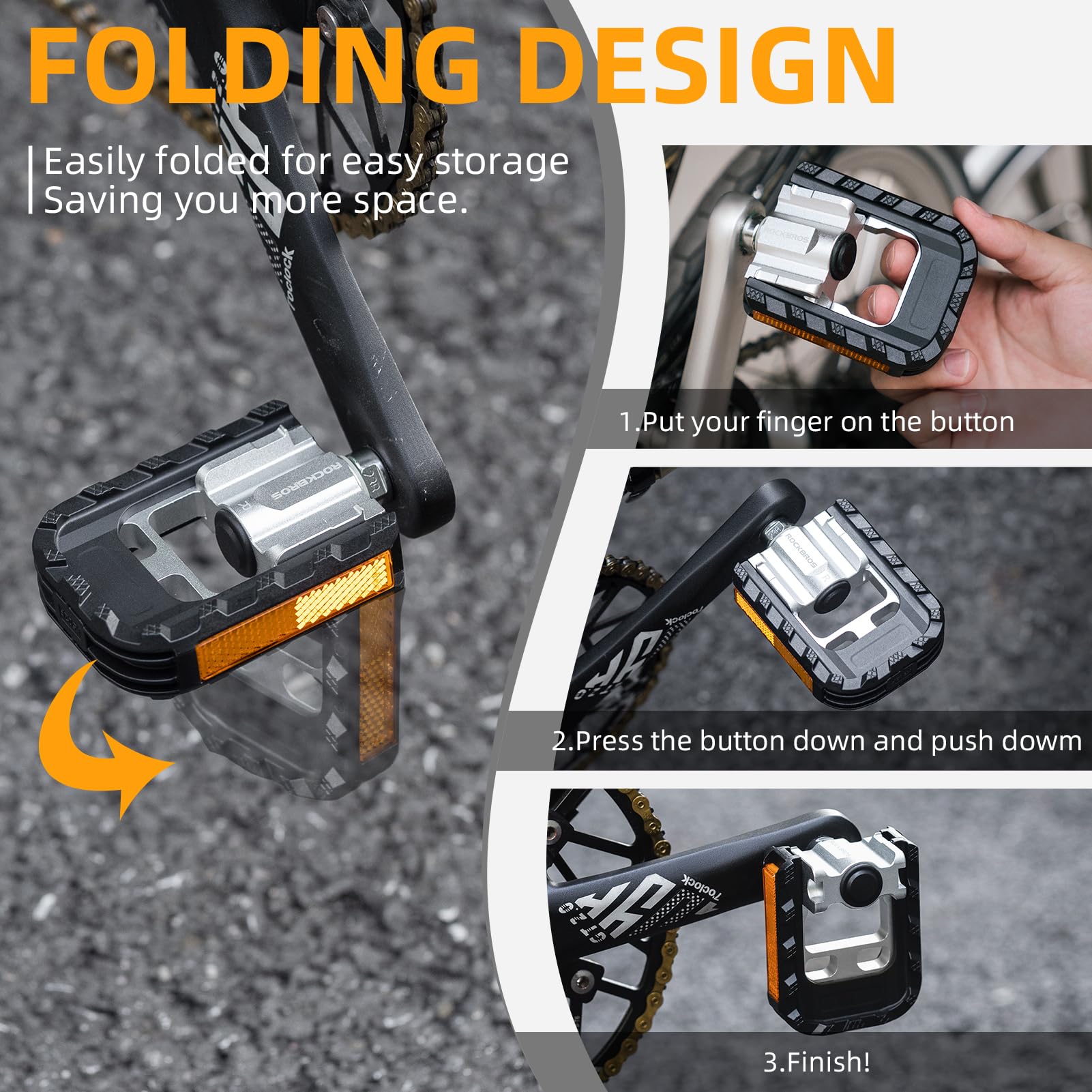 ROCKBROS Aluminum Alloy Foldable Bike Pedals 9/16 with Lightweight Reflective Strips Non-Slip - ROCKBROS