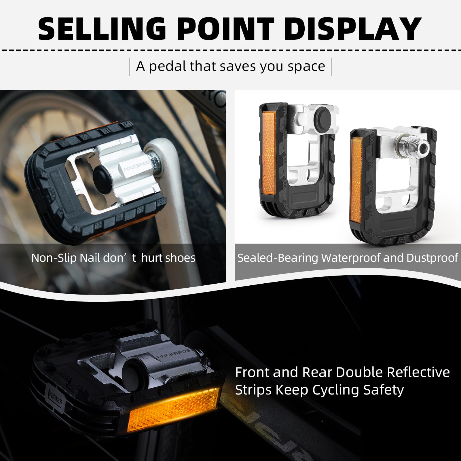 ROCKBROS Aluminum Alloy Foldable Bike Pedals 9/16 with Lightweight Reflective Strips Non-Slip - ROCKBROS