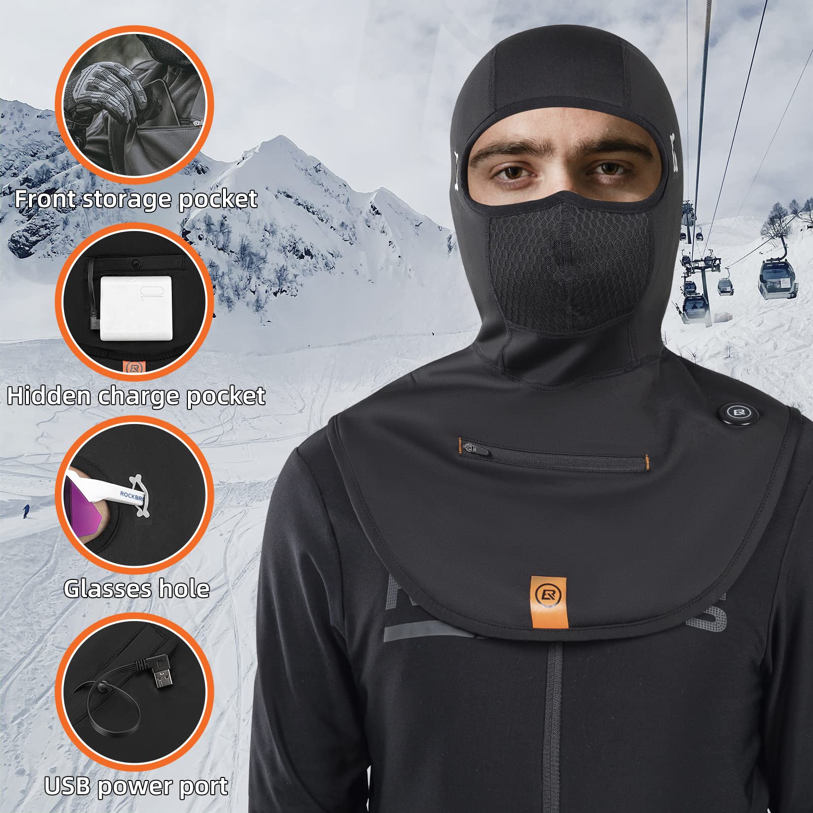 Pasamontañas ROCKBROS térmico de esquí para clima frío, máscara facial USB recargable de invierno sin batería