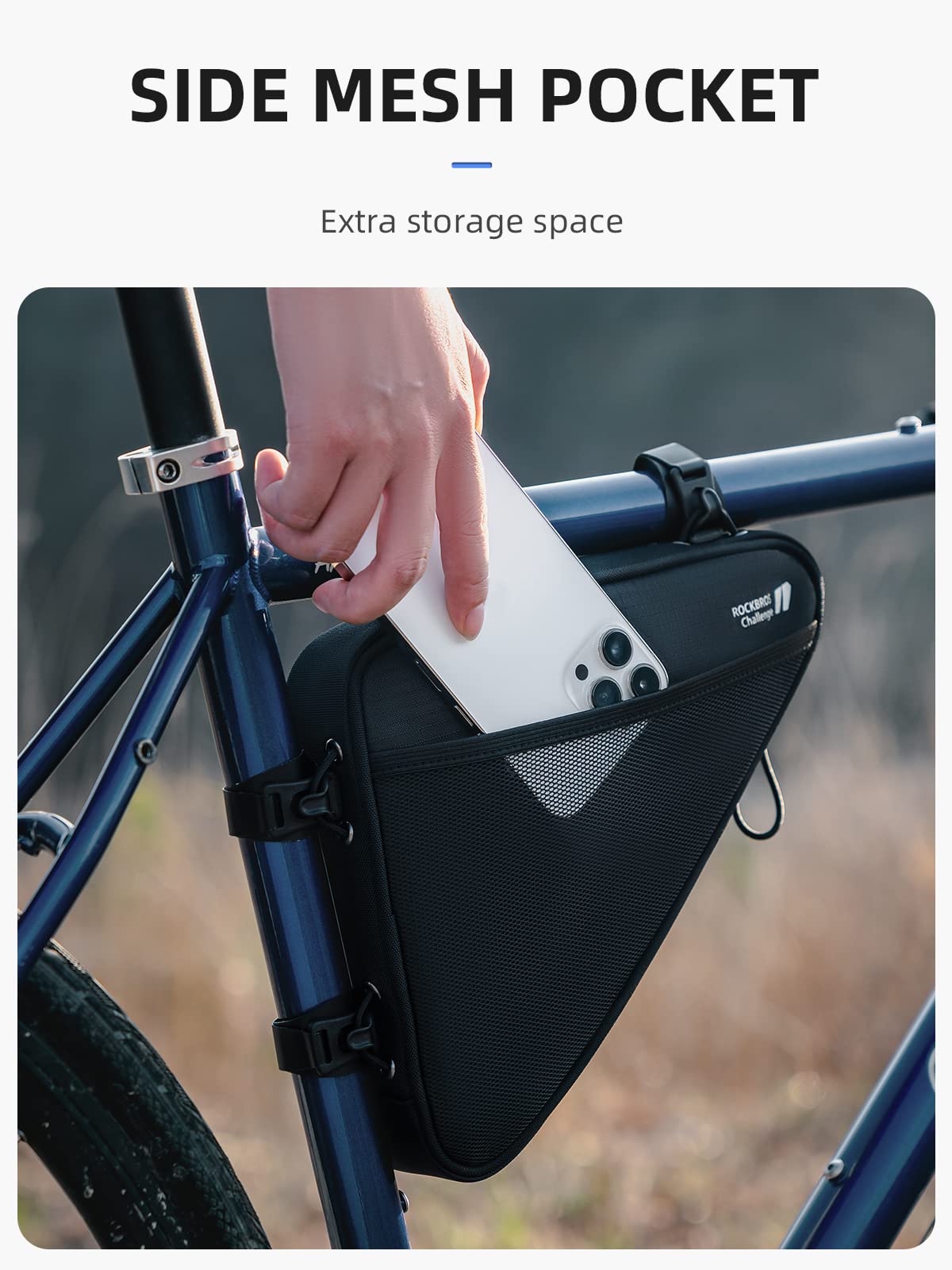 ROCKBROS Reflective Bike Frame Bag with Mesh Side Pockets, 1.5L - ROCKBROS