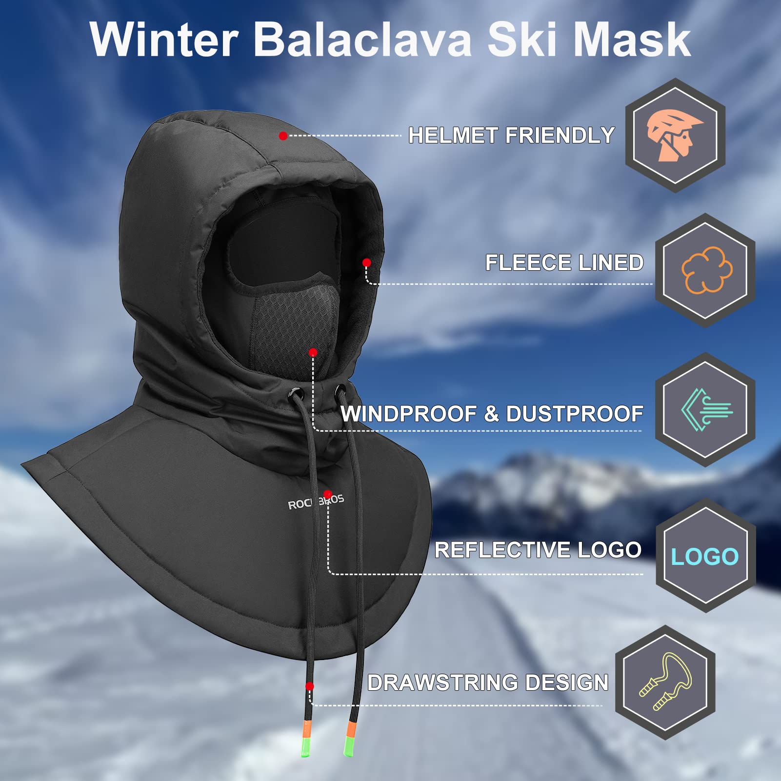 ROCKBROS Ski Mask for Men Women Winter Balaclava Ski Mack Thermal Fleece - ROCKBROS