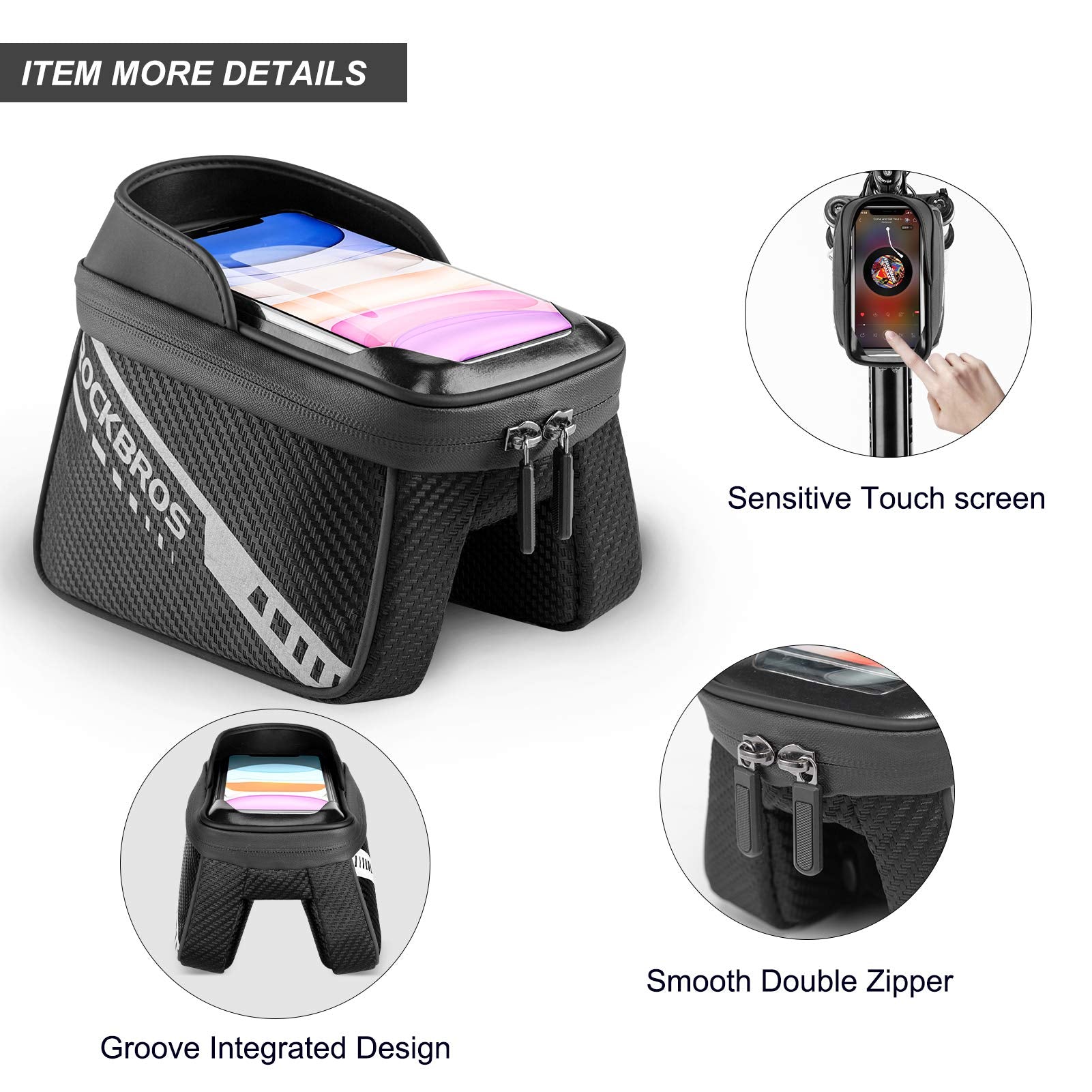 ROCKBROS Bike Phone Front Frame Bag Top Tube Bicycle Handlebar Bag Below 7.2”